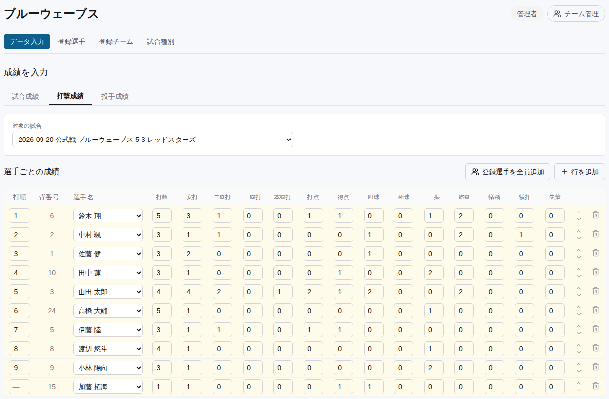 試合が終わったら、その場でチームメンバー全員分の打撃・投手成績をまとめて入力できます。1人ずつ画面を切り替える必要がなく、エクセルに近い感覚で複数行を一気に埋められるので、記録係の負担を減らせます。